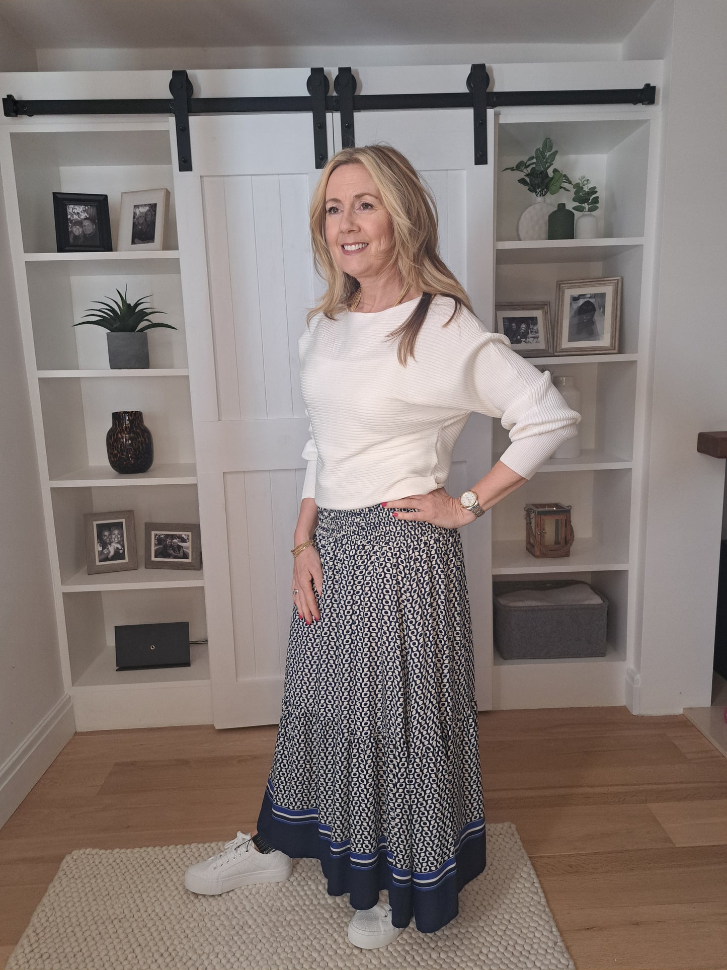 Spot Border Shirred Waistband Skirt - Blue