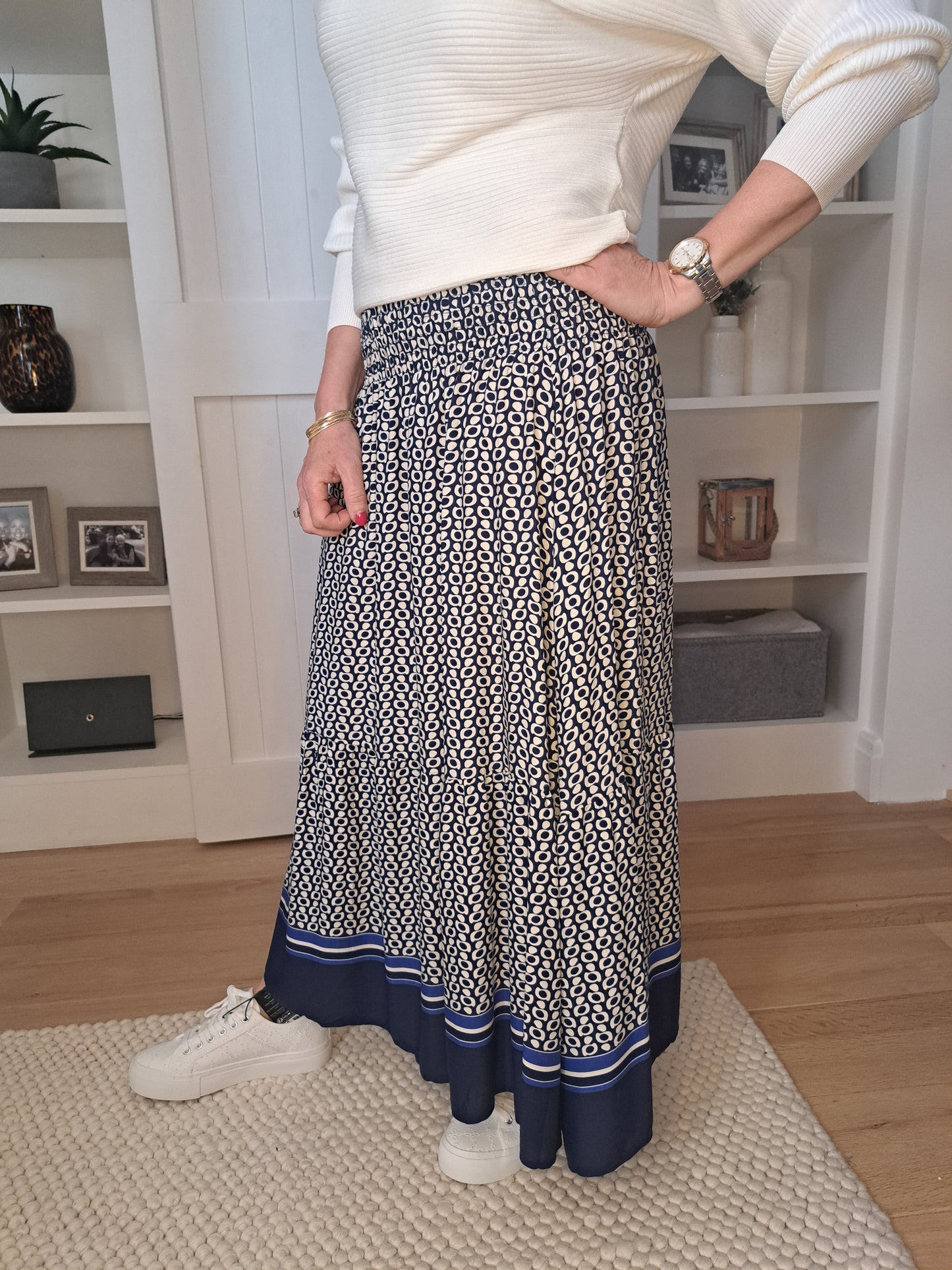 Spot Border Shirred Waistband Skirt - Blue
