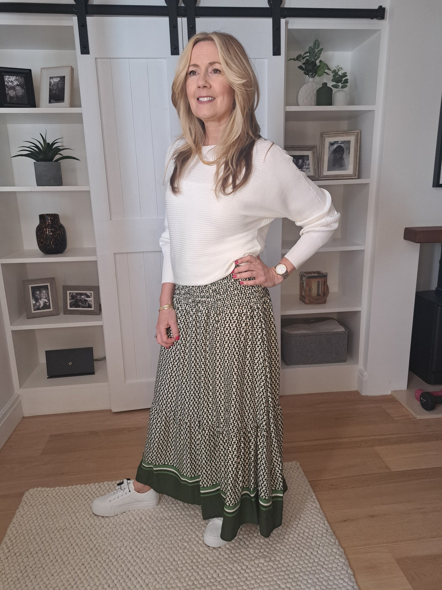 Spot Border Shirred Waistband Skirt - Green