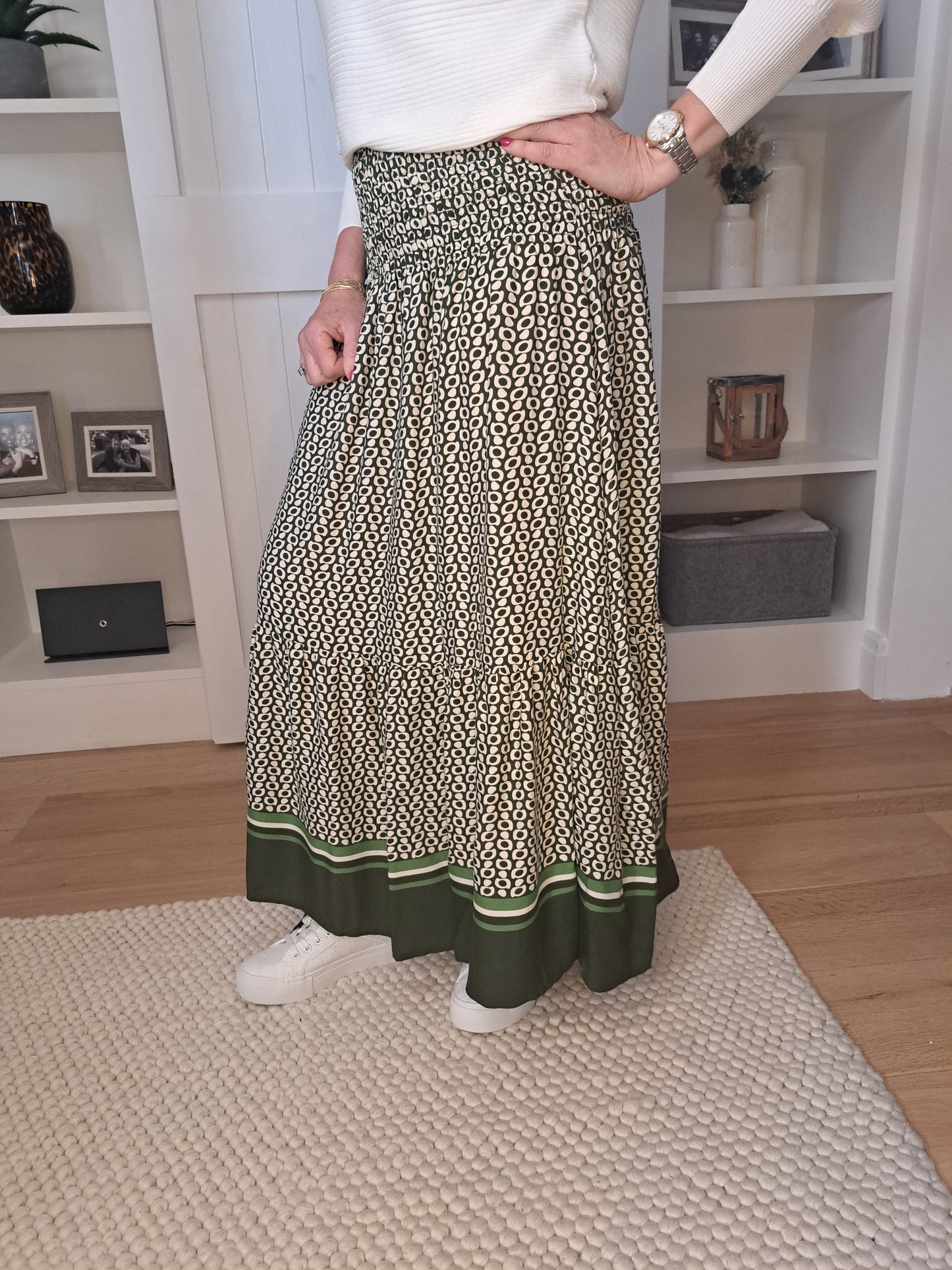 Spot Border Shirred Waistband Skirt - Green