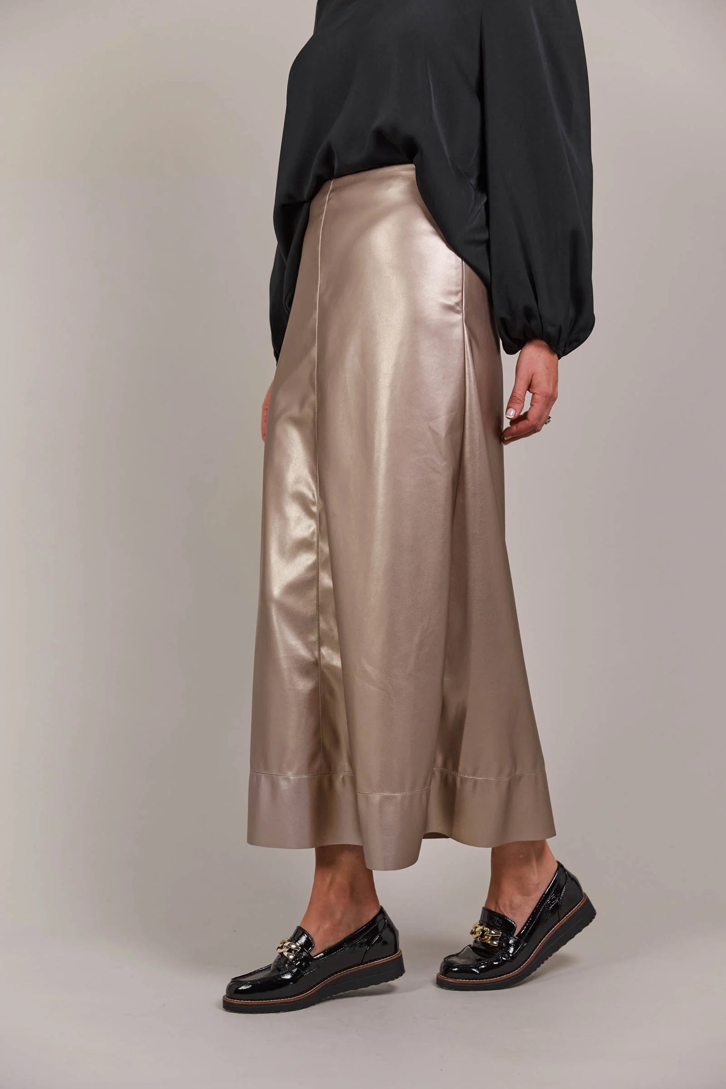 Vegan Leather A Line Maxi Skirt - Gold