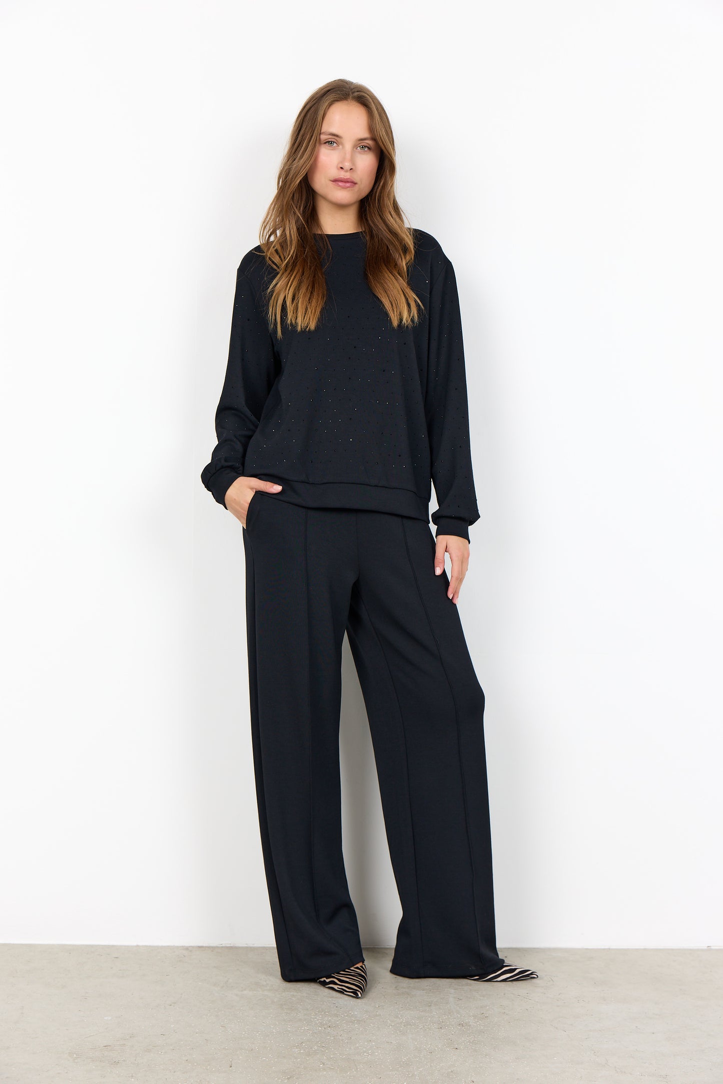 Long Sleeve Loungewear Top With Matching Colour Embellishment - Black or Tan