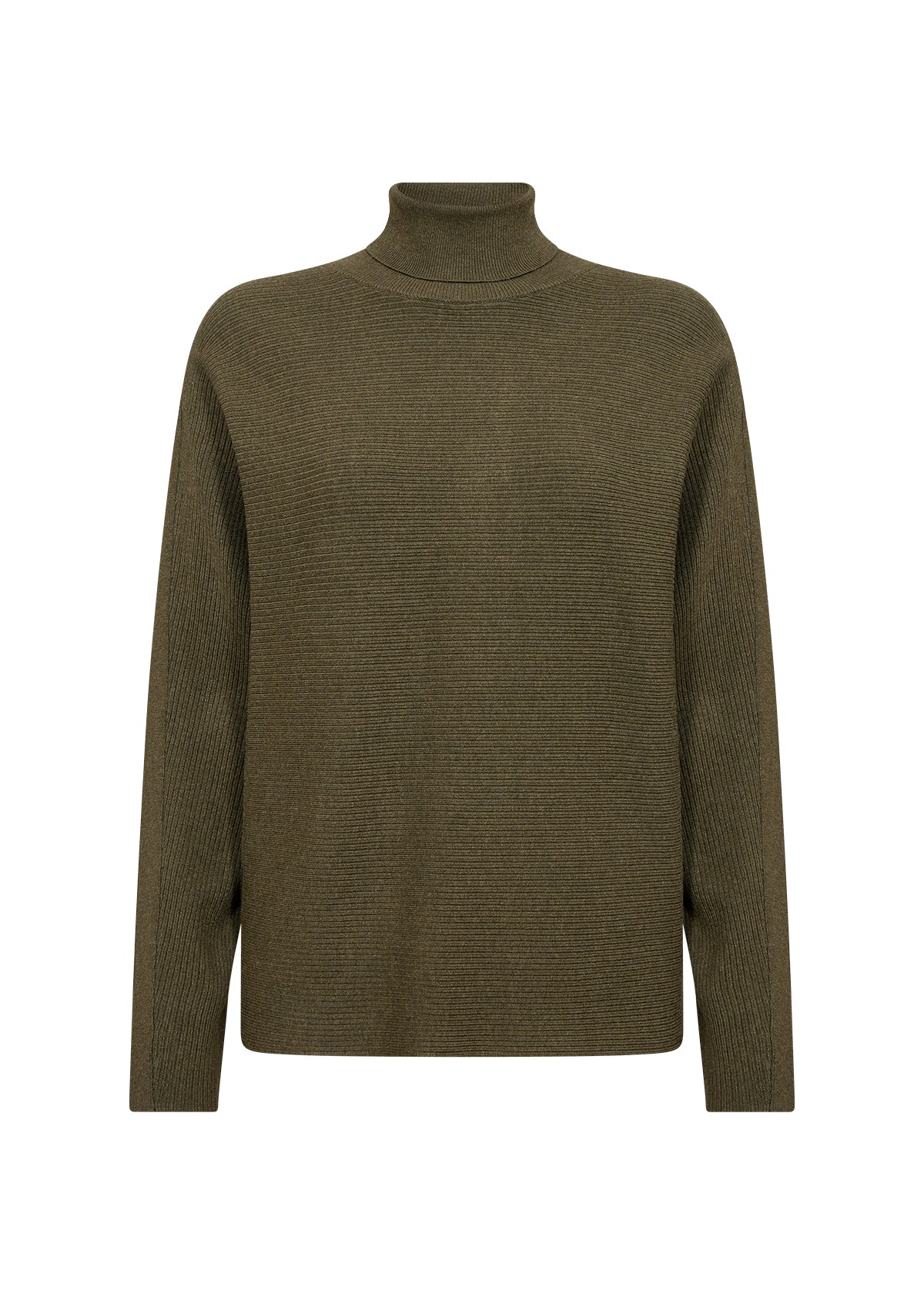 Ribbed Polo Neck Jumper With Batwing Sleeve - Olive Green
