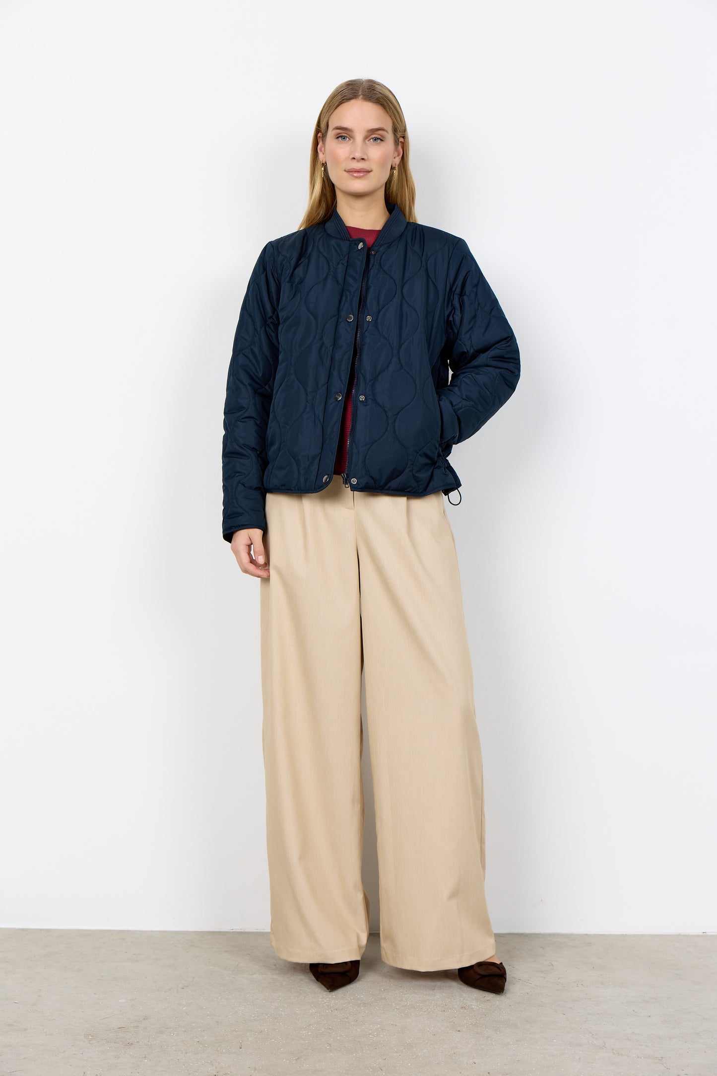 Soya Concept Waist Length Quilted Jacket In Navy, Beige & Toffee