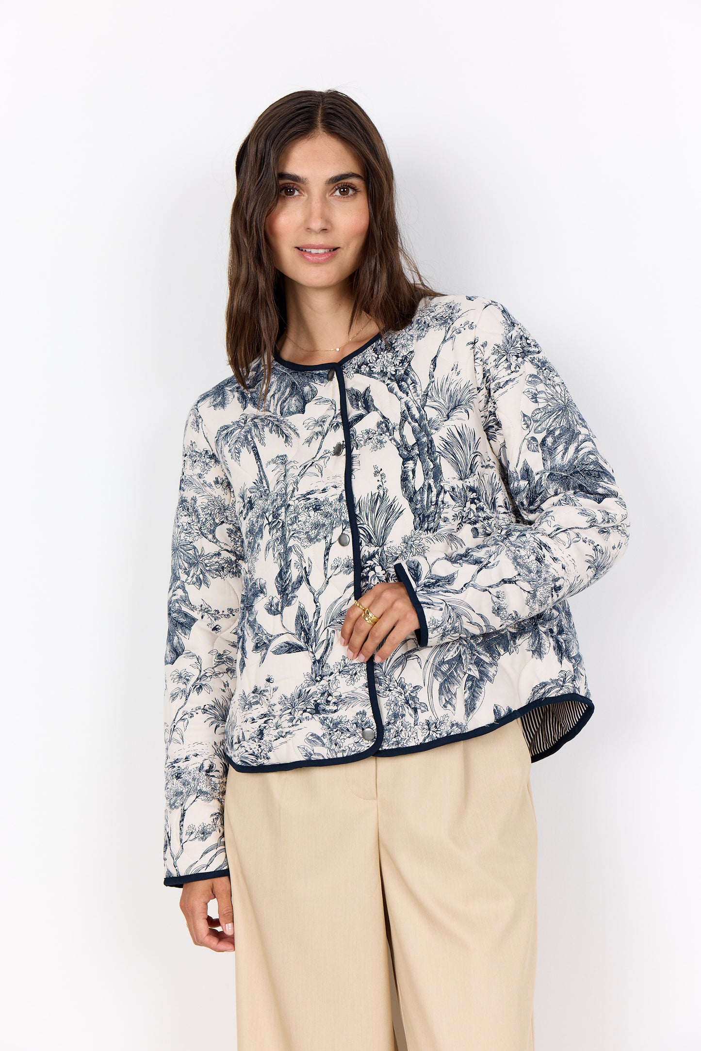 Botanical Print Quilted Jacket - Navy & White