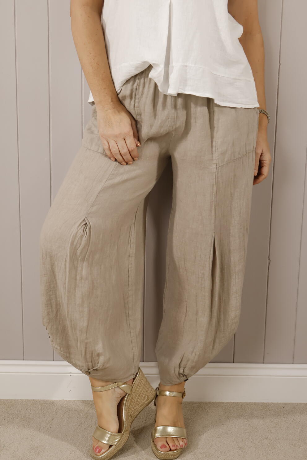 Linen Button Trousers - Beige