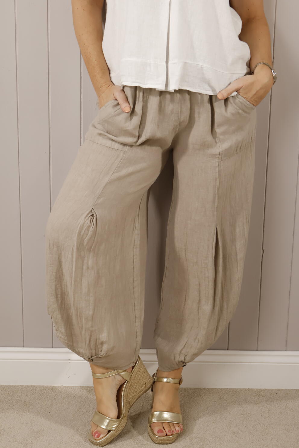 Linen Button Trousers - Beige