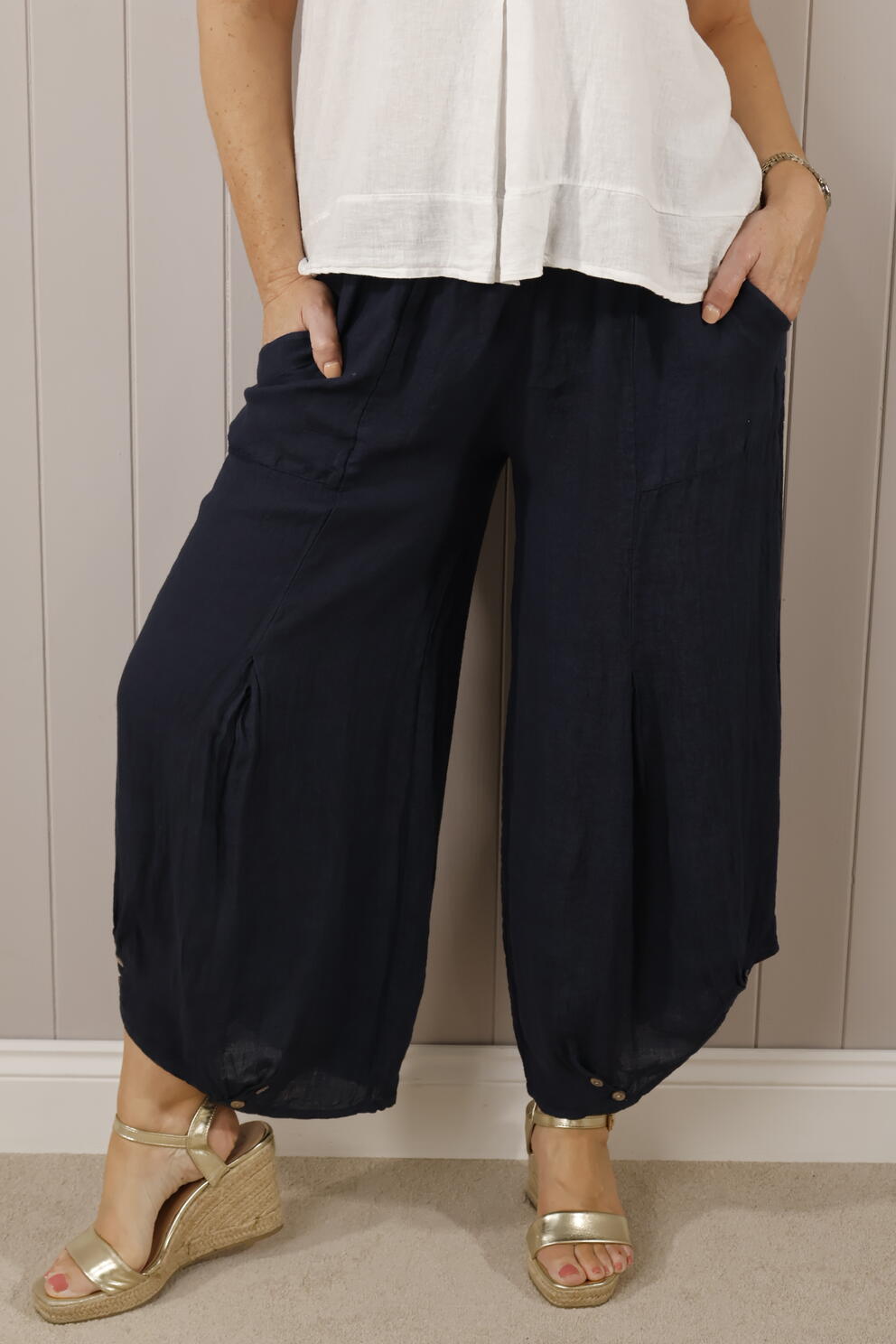Linen Button Trousers - Navy