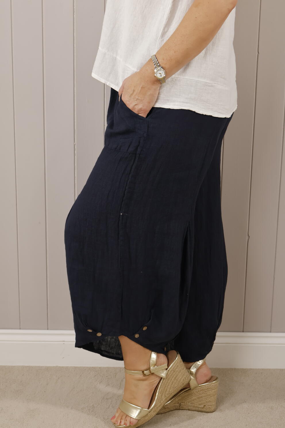 Linen Button Trousers - Navy