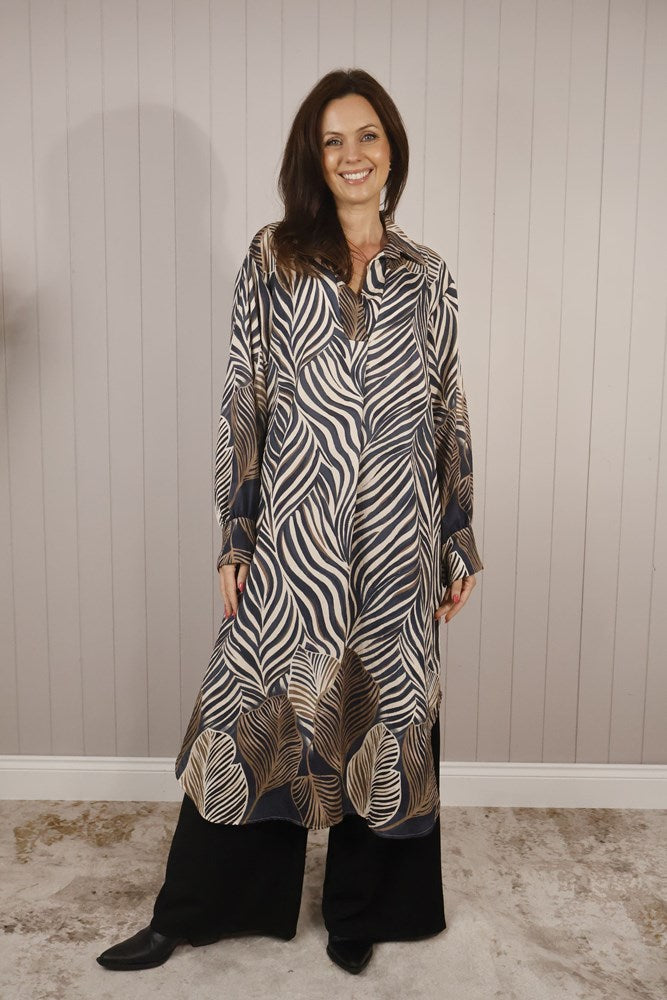 Leaf Print Collared Shirt/Dress - Blue