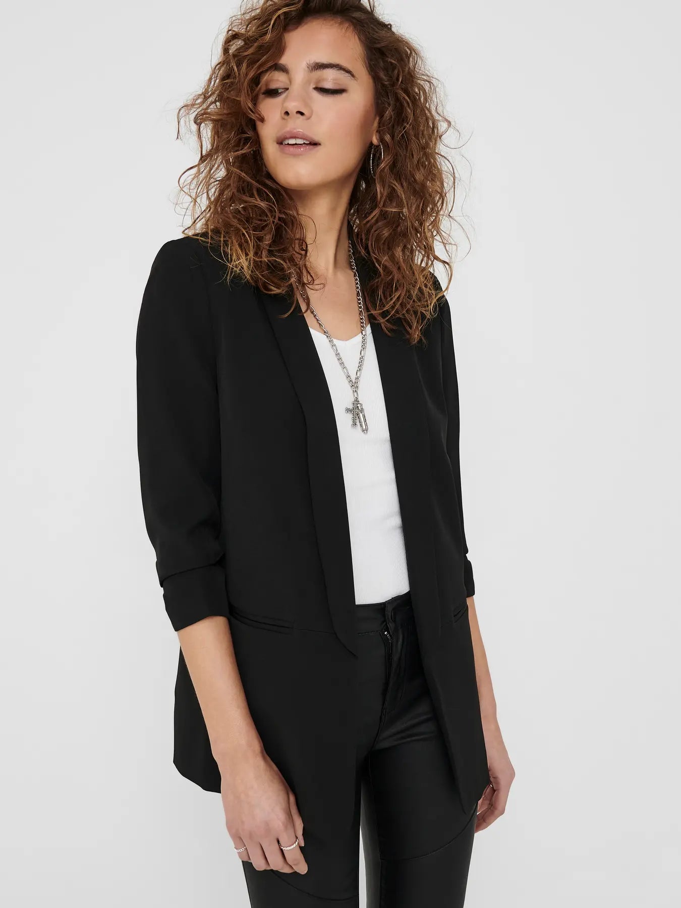 Blazer With 3/4 Ruched Sleeves - Black