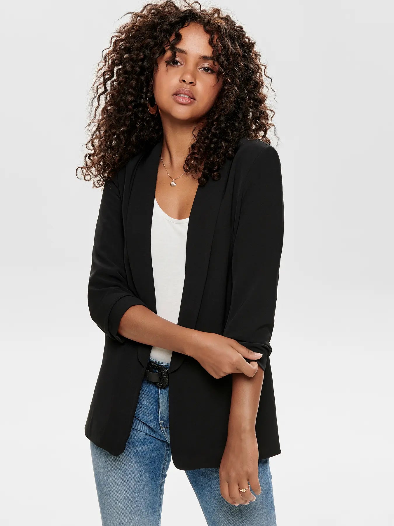 Blazer With 3/4 Ruched Sleeves - Black