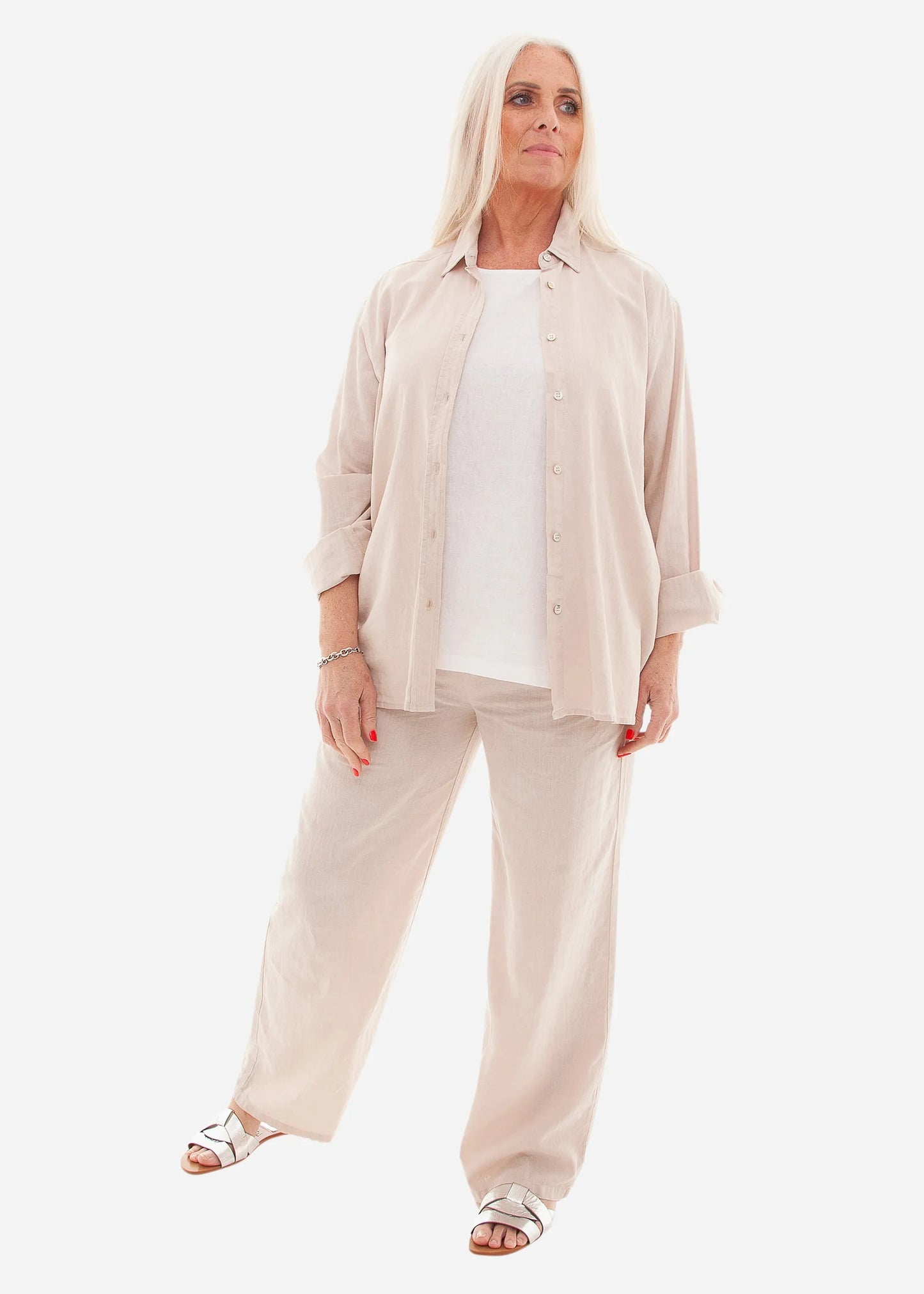 Khaki or Stone Linen Mix Button Collar Shirt
