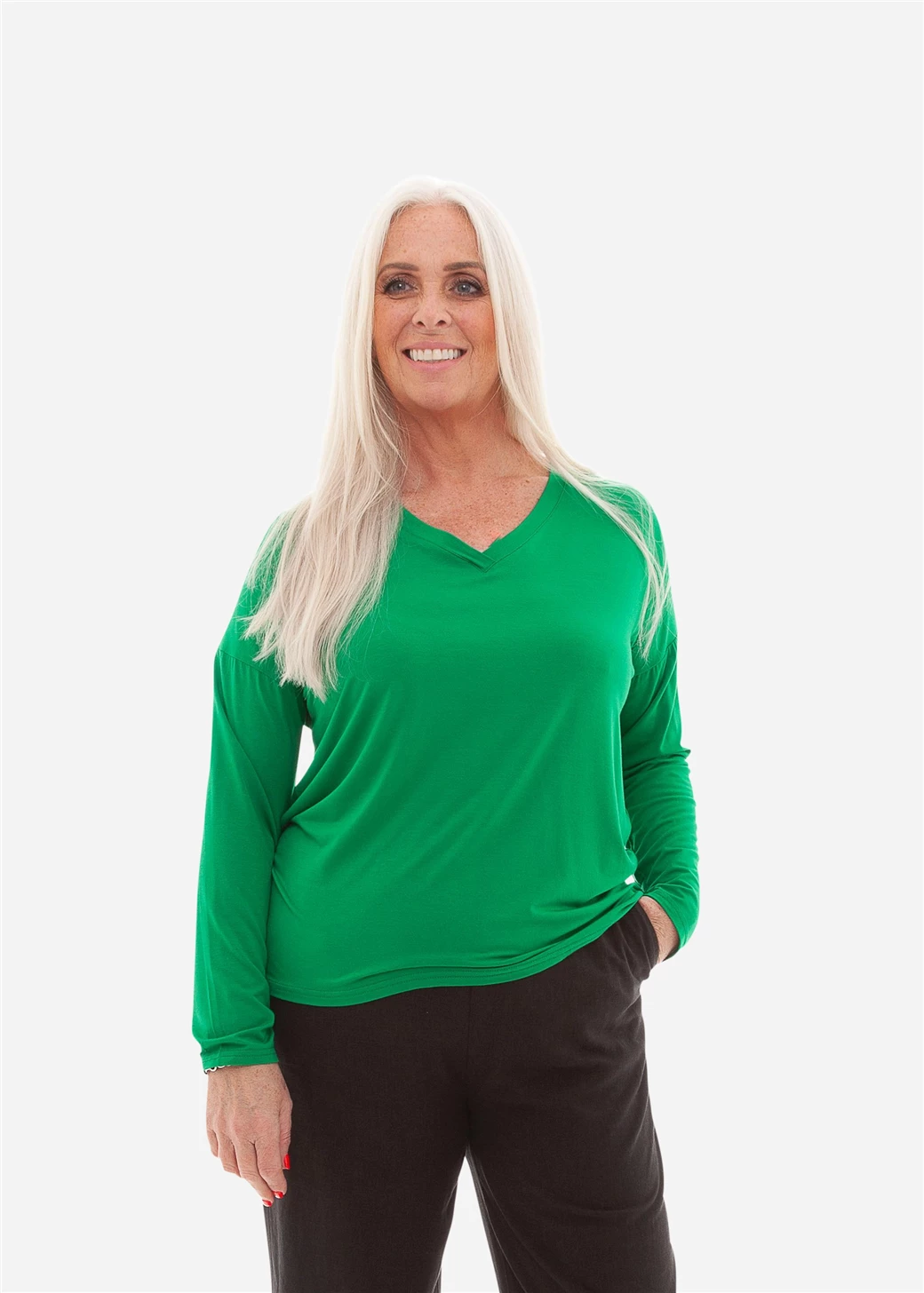 Bamboo Jersey Long Sleeve V Neck T Shirt - Green