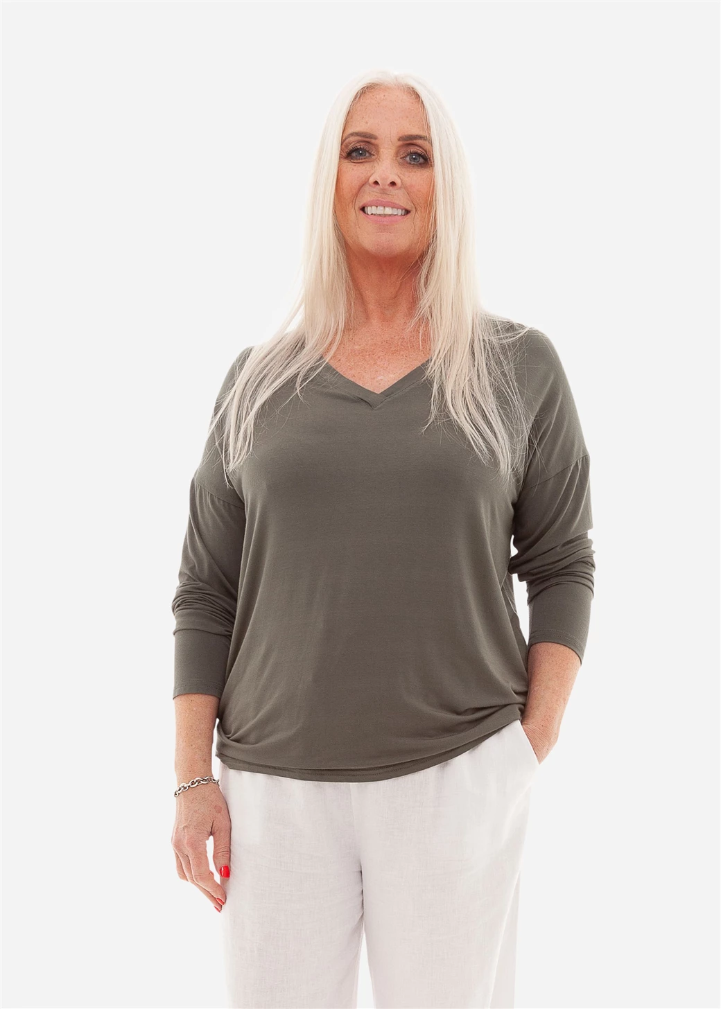 Bamboo Jersey Long Sleeve V Neck T Shirt - Khaki