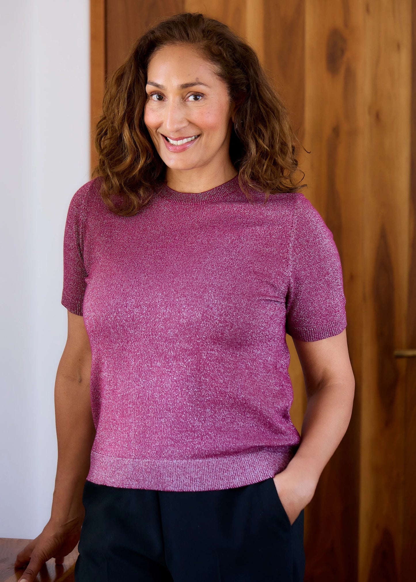 Cashmere Like Short Sleeve Crew Neck Jumper With Metallic Thread - Black or Wine