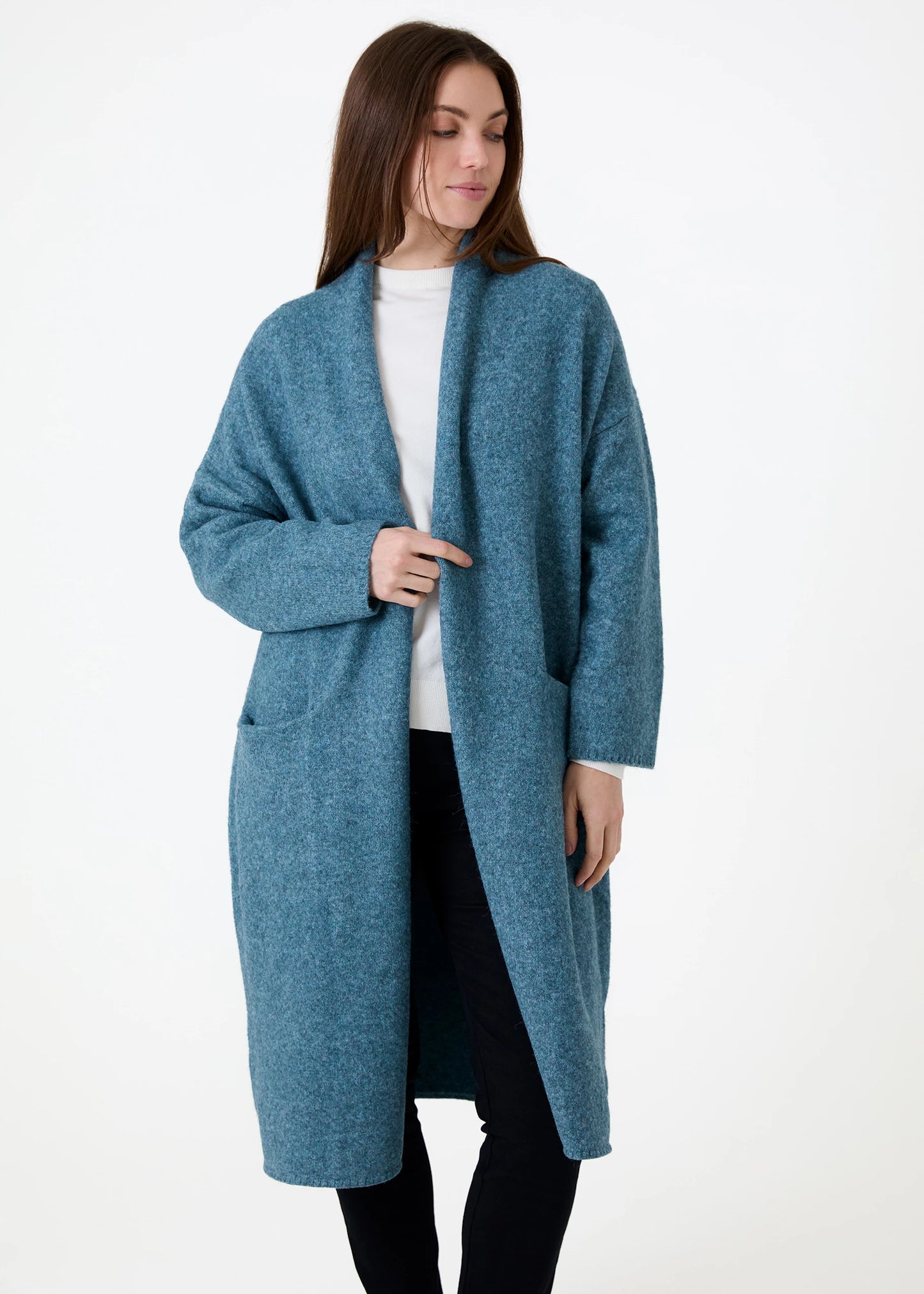 Soft Tweed Roll Collar Coatigan - Teal