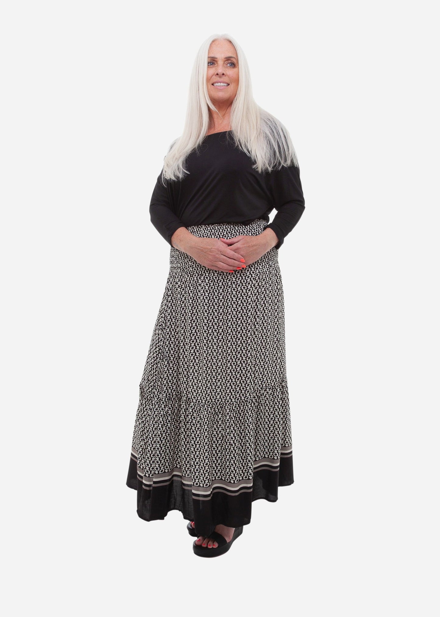 Spot Border Shirred Waistband Skirt - Black
