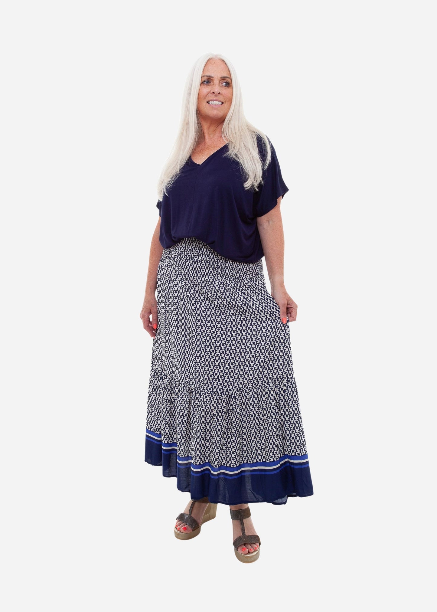 Spot Border Shirred Waistband Skirt - Blue