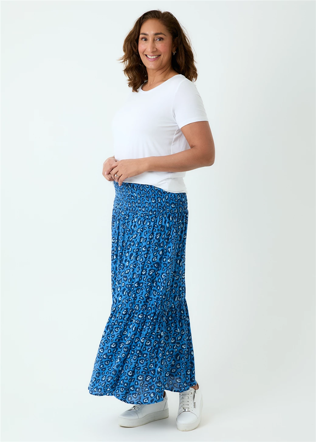 Leopard Print Shirred Waist Skirt - Blue