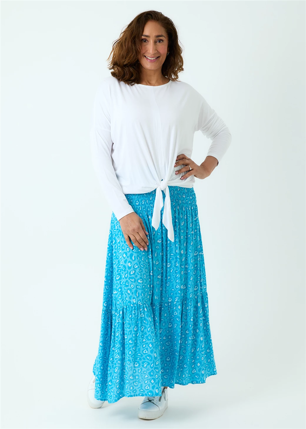 Leopard Print Shirred Waist Skirt - Turquoise