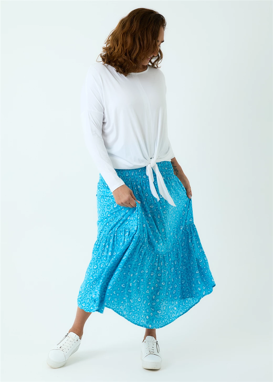 Leopard Print Shirred Waist Skirt - Turquoise