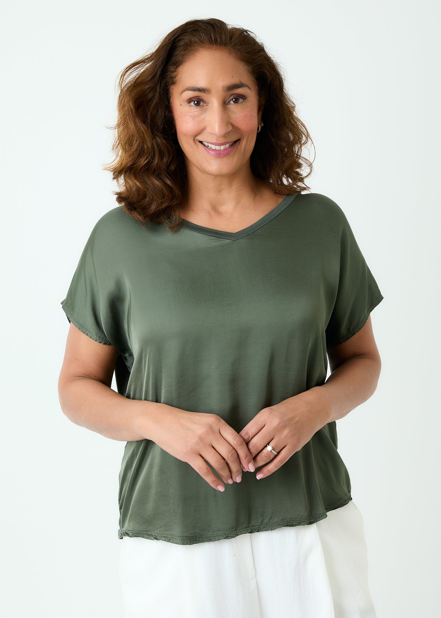 Satin Front V Neck T Shirt - Khaki