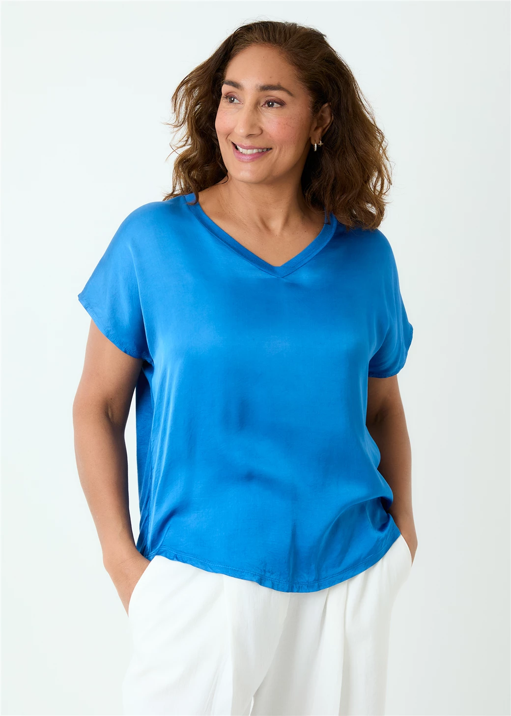 Satin Front V Neck T Shirt - Blue