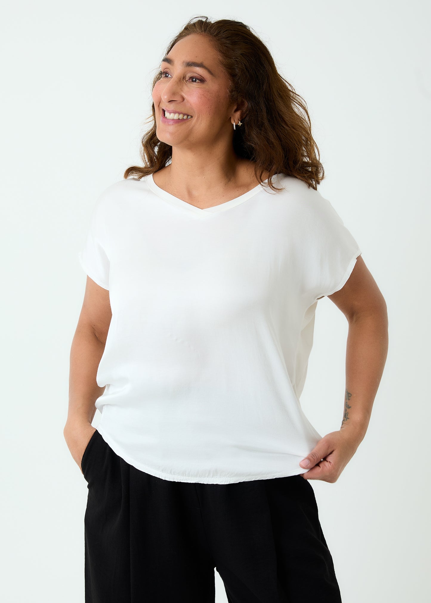 Satin Front V Neck T Shirt - Ivory