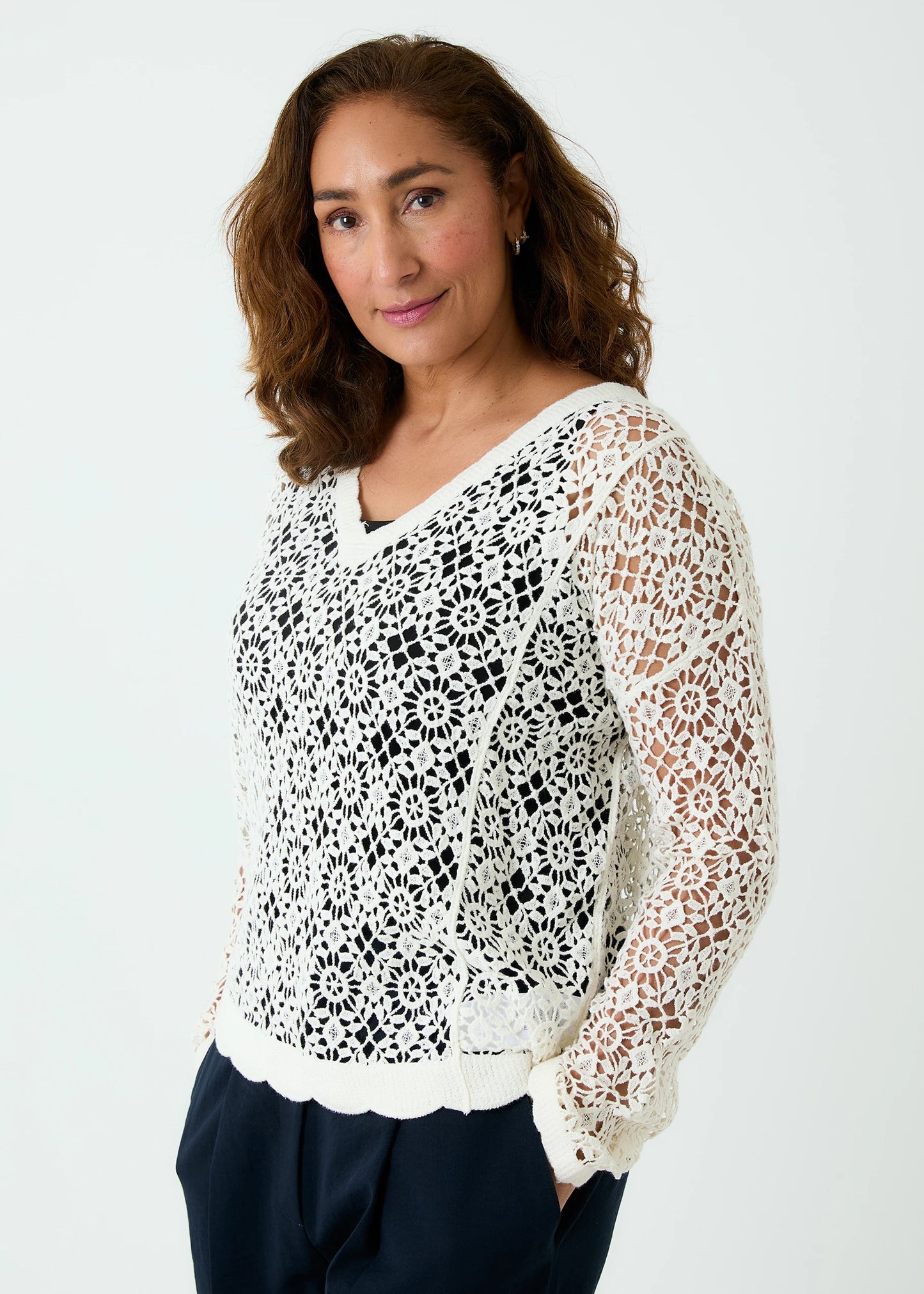 Cotton Crochet V Neck Long Sleeve Top - Ivory / Black / Khaki