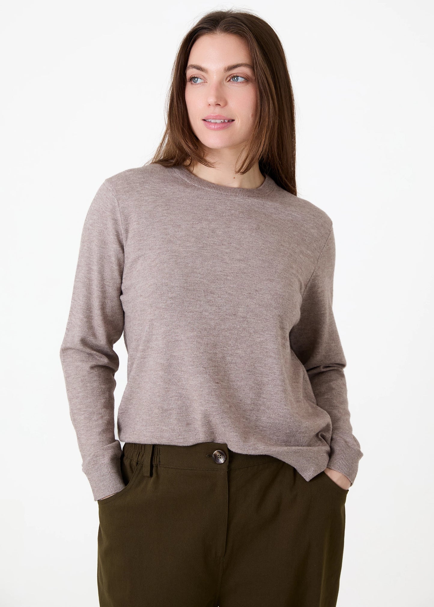 Fitted Crew Neck Long Sleeve Jumper - Mink