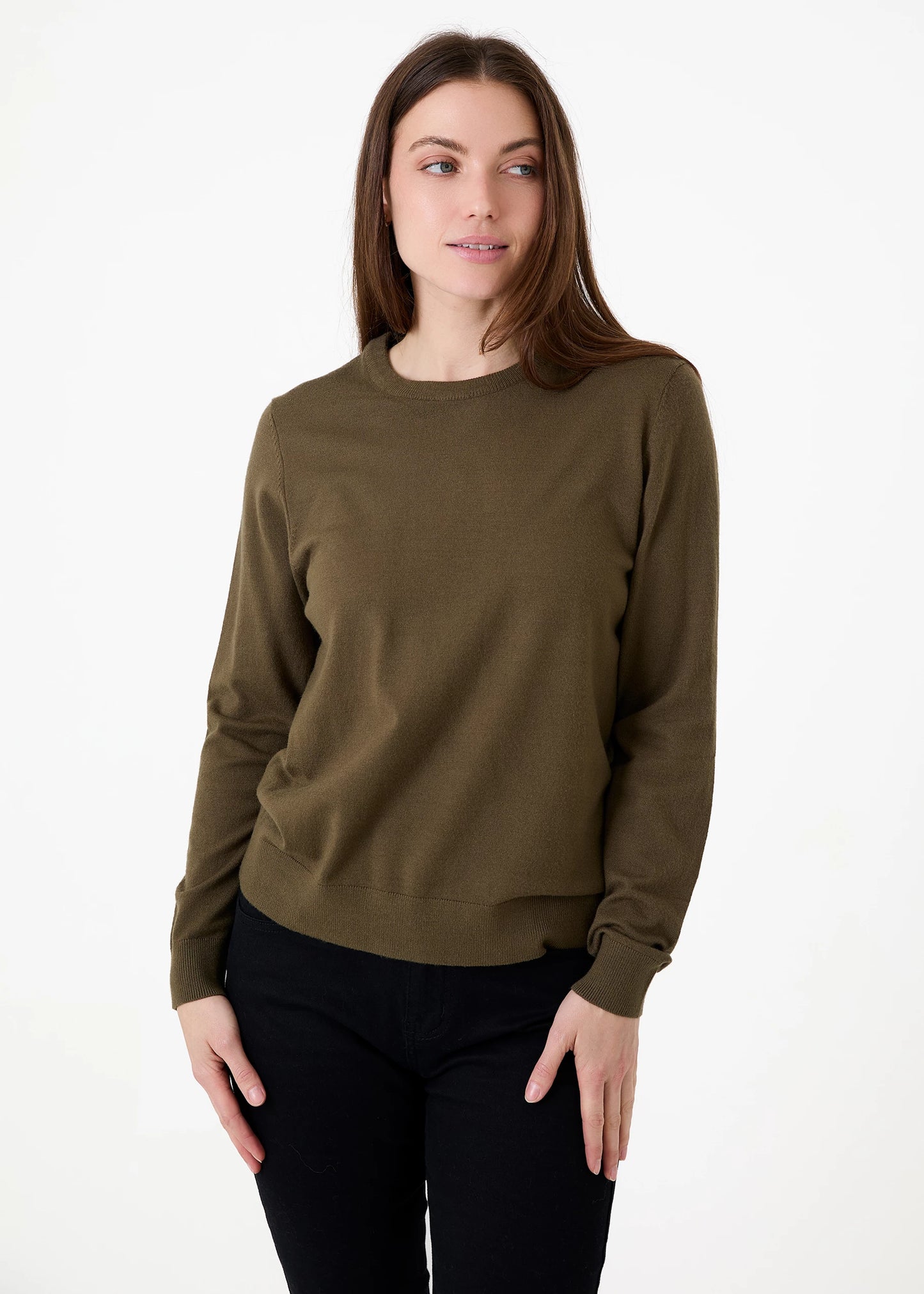 Fitted Crew Neck Long Sleeve Jumper - Olive