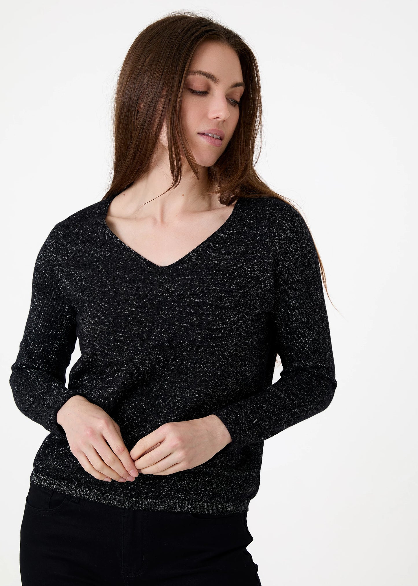 Cashmere Long Sleeve V Neck Jumper With Metallic Thread - Black or Navy