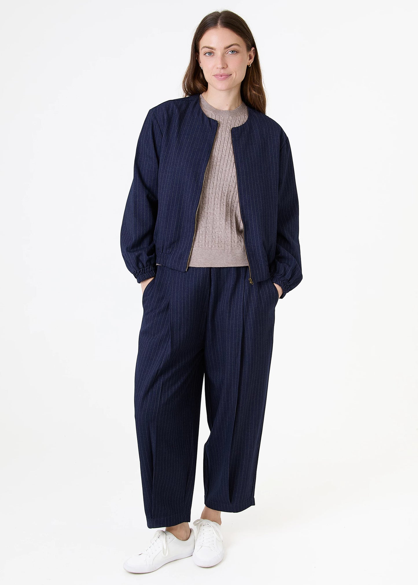 Pinstripe Zip Front Bomber Jacket - Navy & White