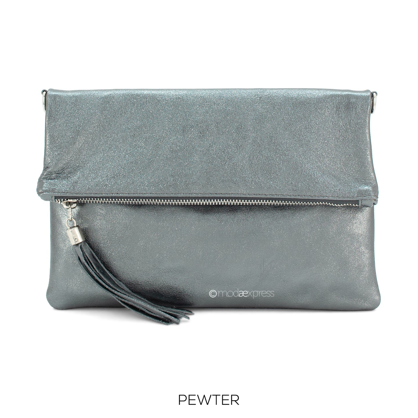 Fold Over Leather Clutch - Pewter