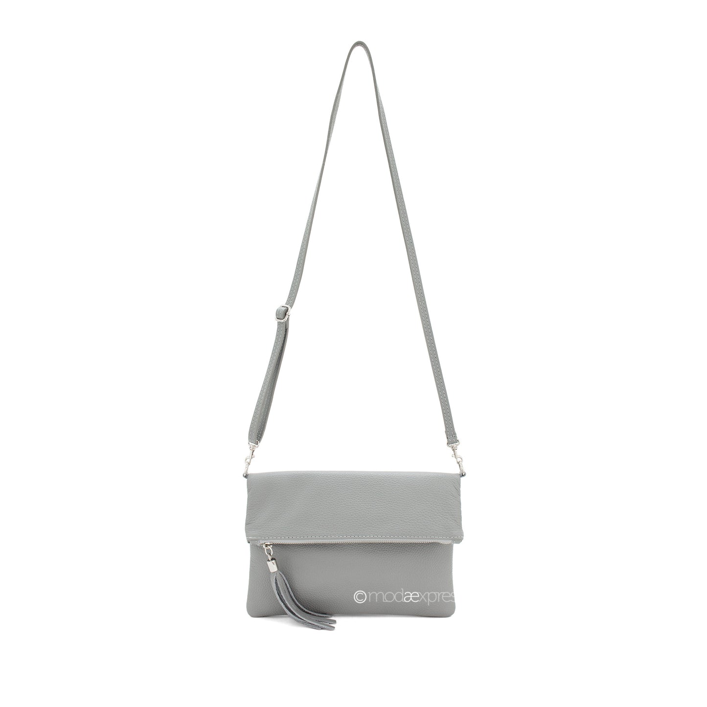 Fold Over Leather Clutch - Light Grey