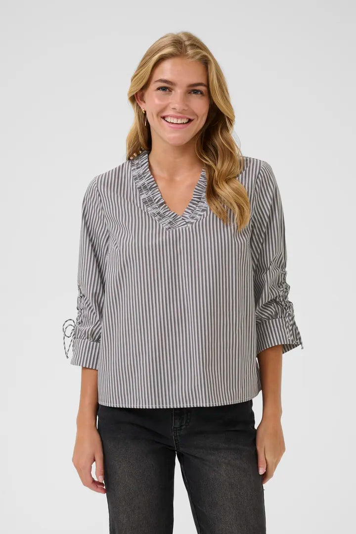 Ruched V Collared Blouse with Bow Tie Sleeves - Grey & White Sleeves