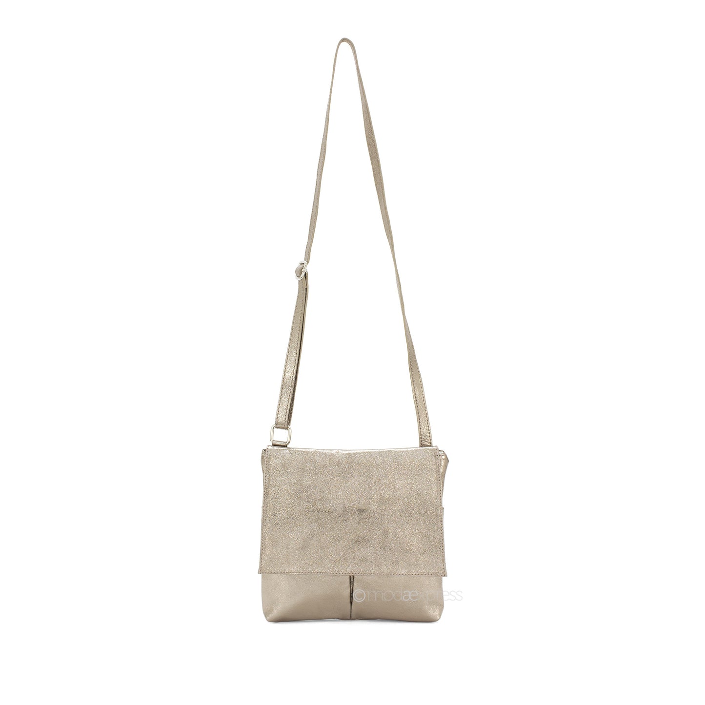 Leather Crossbody Bag with Two Pockets - Metallic Black