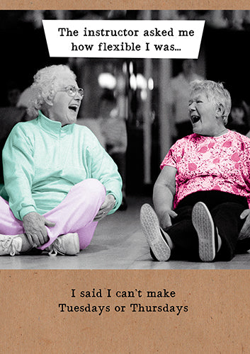 Greeting Card - Two Women Laughing About Flexibility