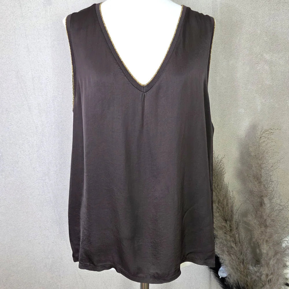 Dressy Satin Vest Top With Gold Edge Detail - Chocolate