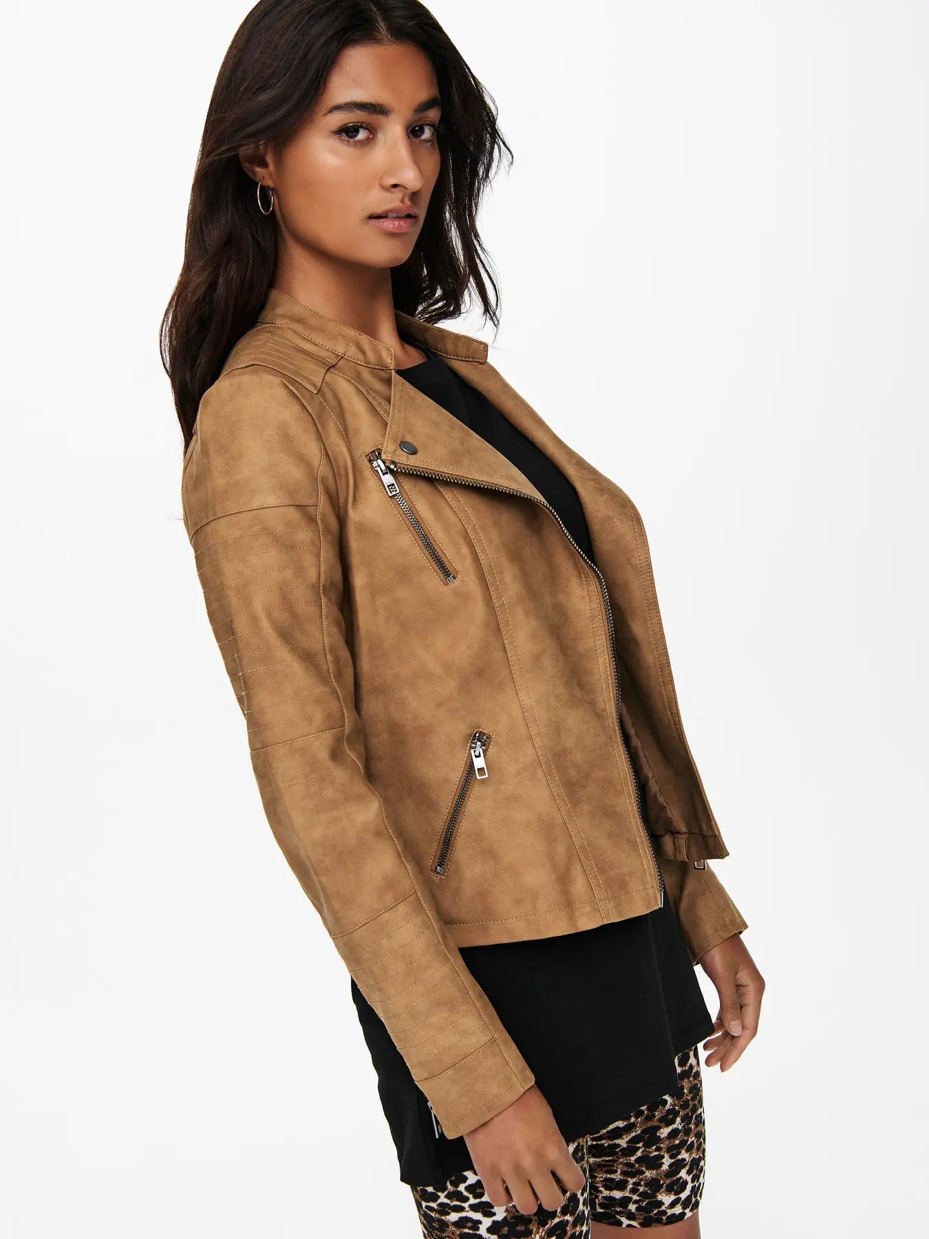 Faux Leather Biker Jacket - Tan
