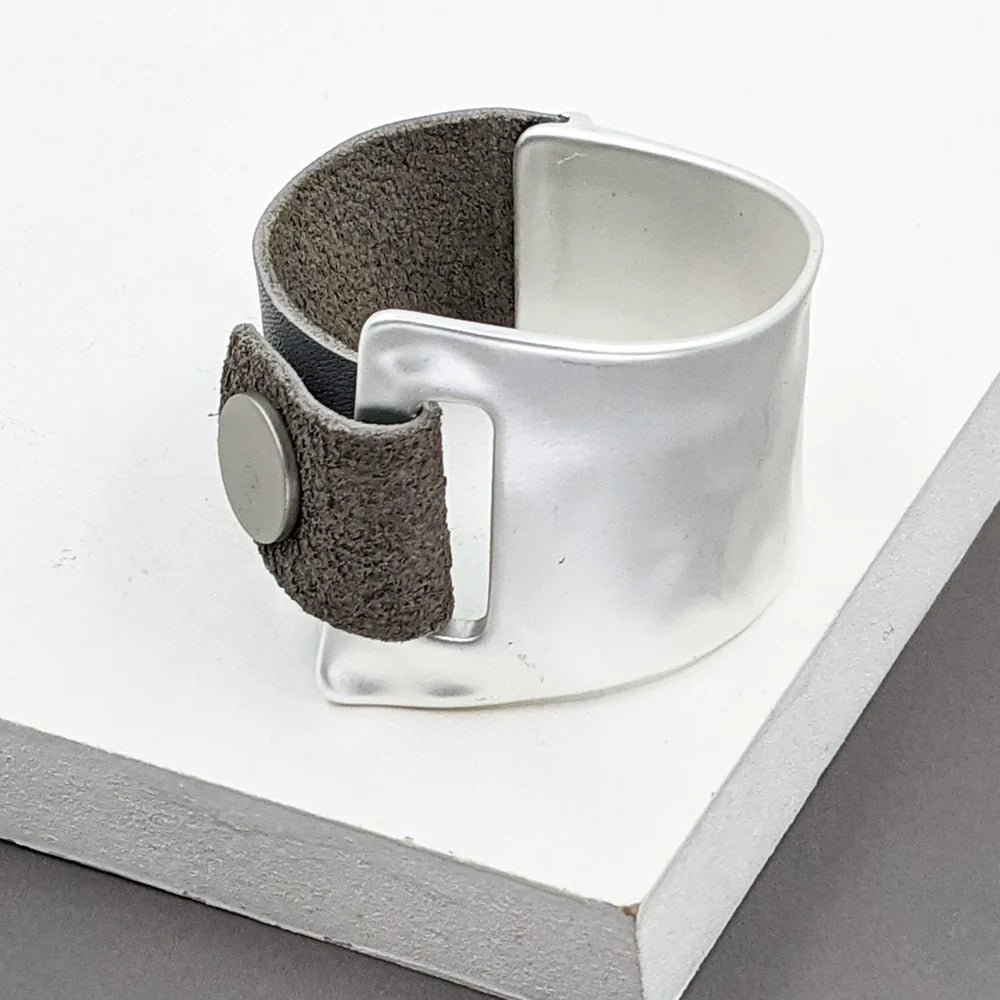 Silver Metal And Grey Leather Cuff Bracelet