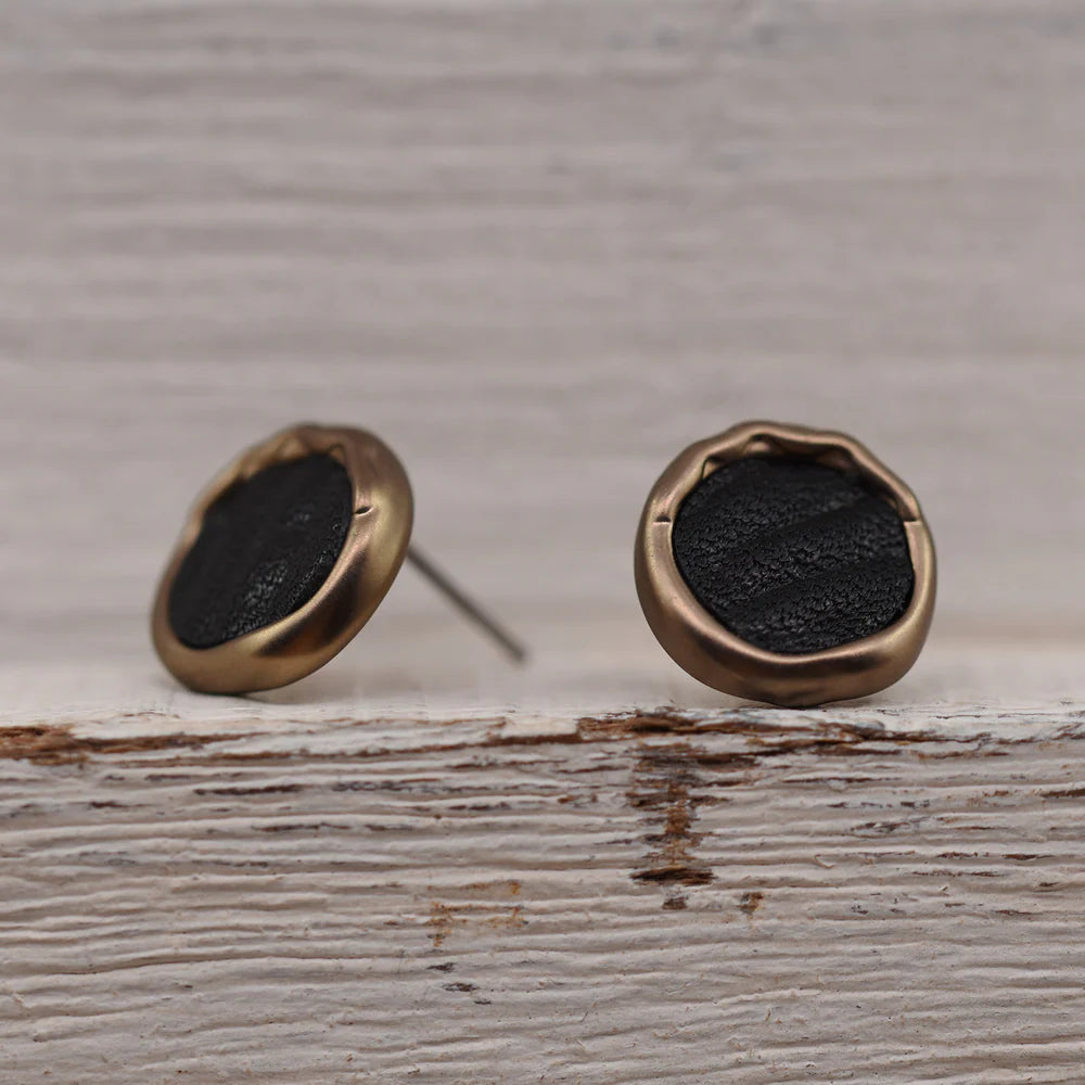 Matt Gold Plated And Black Textured Round Post Earrings