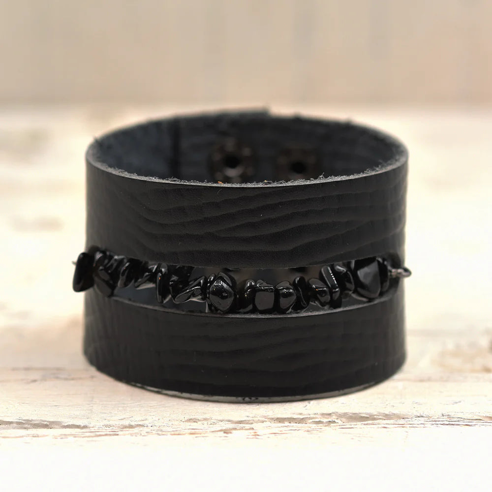 Luxury Black Leather Cuff With Black Semi-Precious Stone Detail