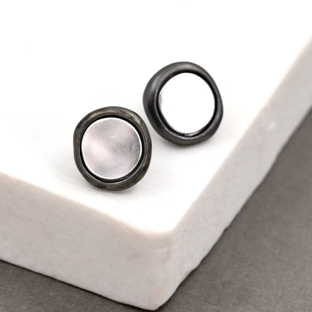 Gun Metal Coloured Circle Stud Earrings With Silver Insert
