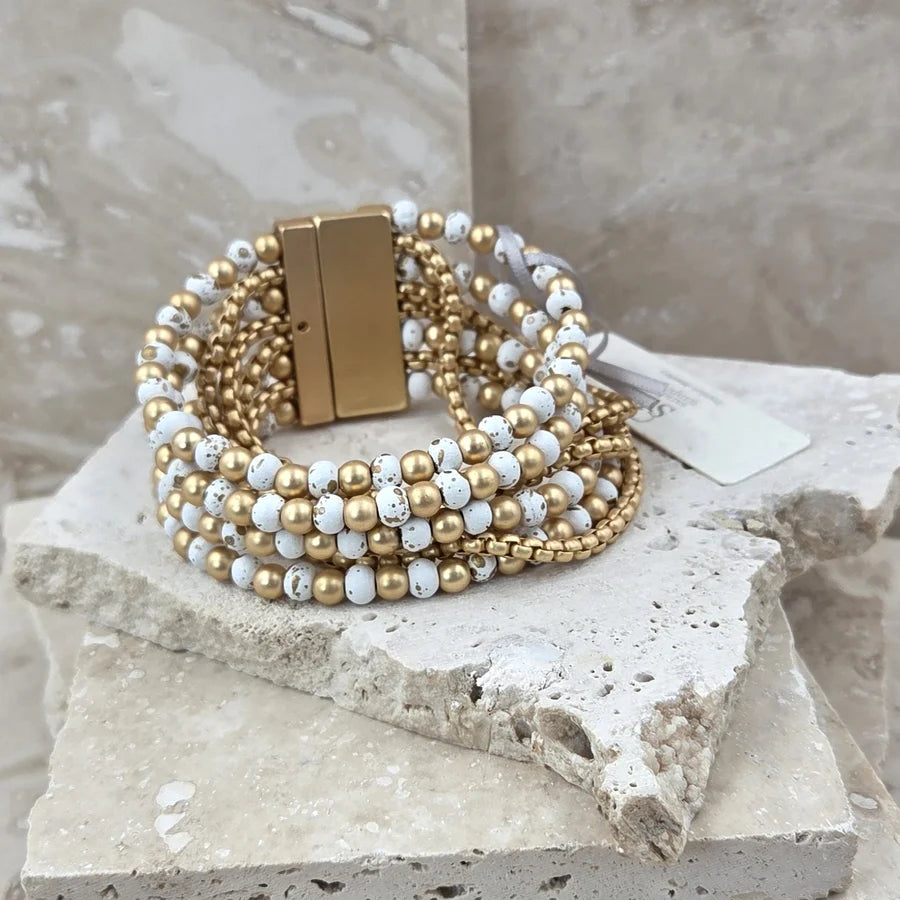 Luxe multistrand beaded twist loop bracelet with magnetic clasp in gold and white