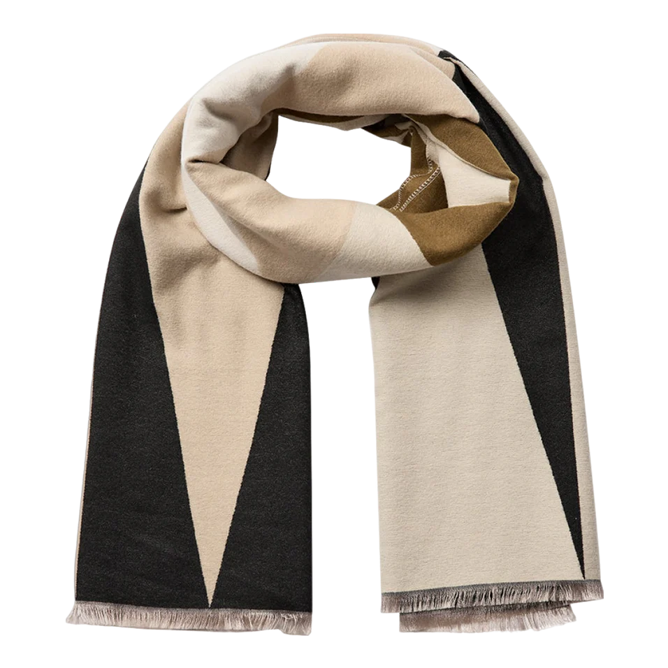 Geometric Print Scarf - Beige, Khaki & Black