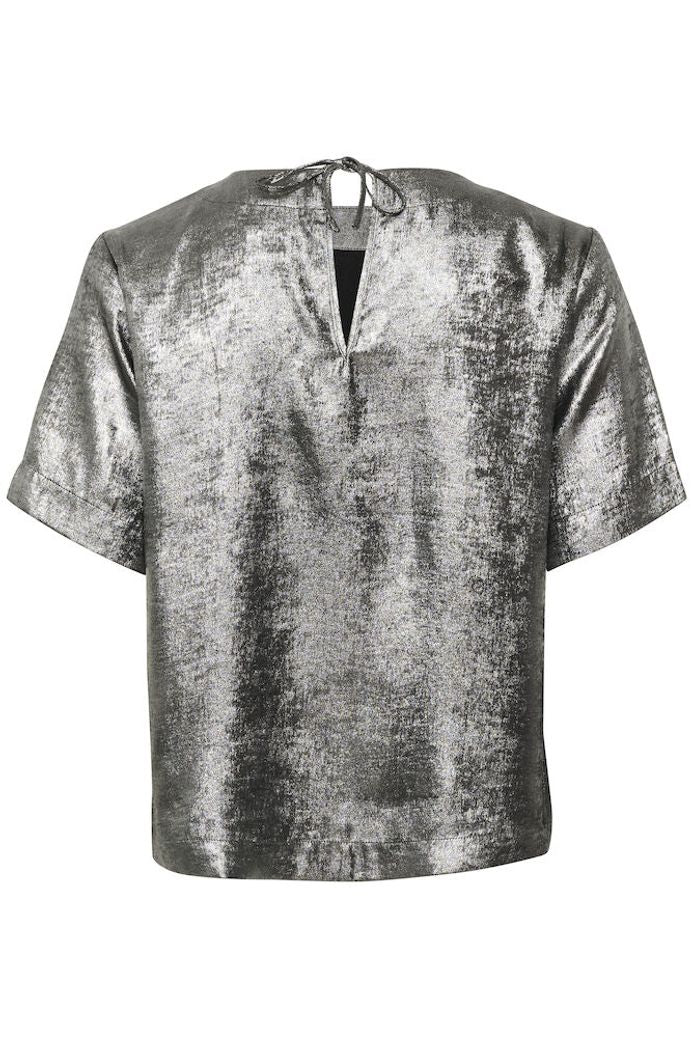Metallic Crew Neck Top with Mid Length Sleeves - Silver