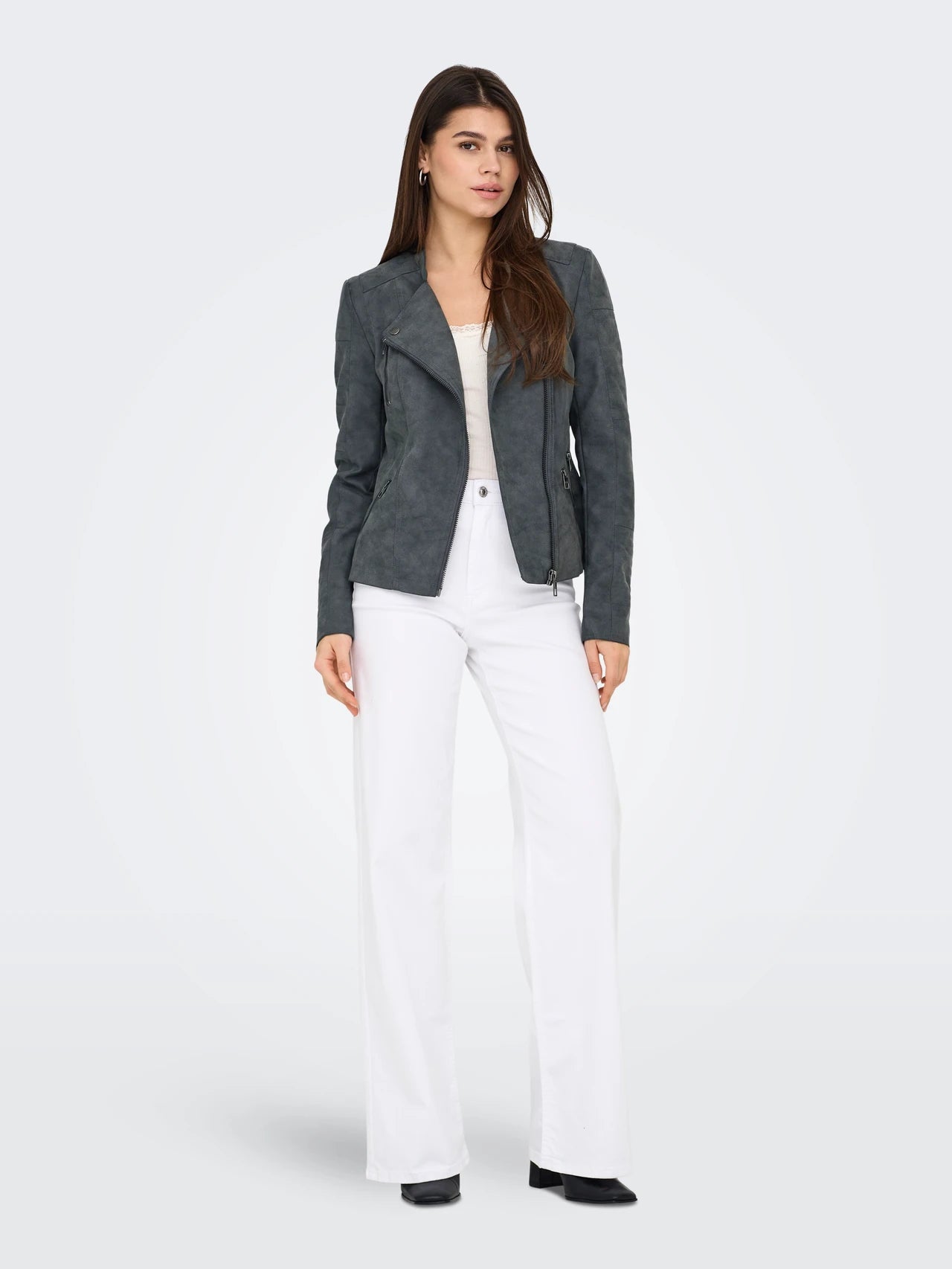 Faux Leather Biker Jacket - Grey