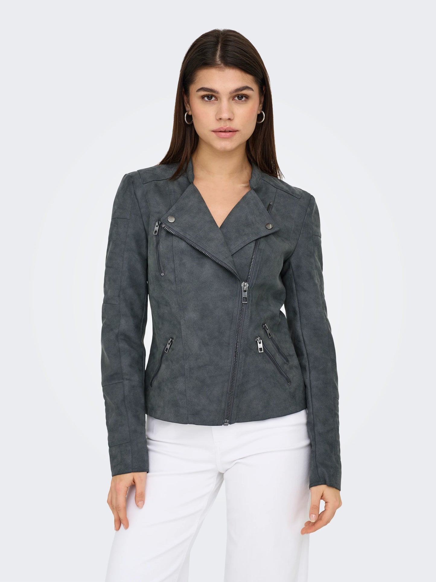 Faux Leather Biker Jacket - Grey